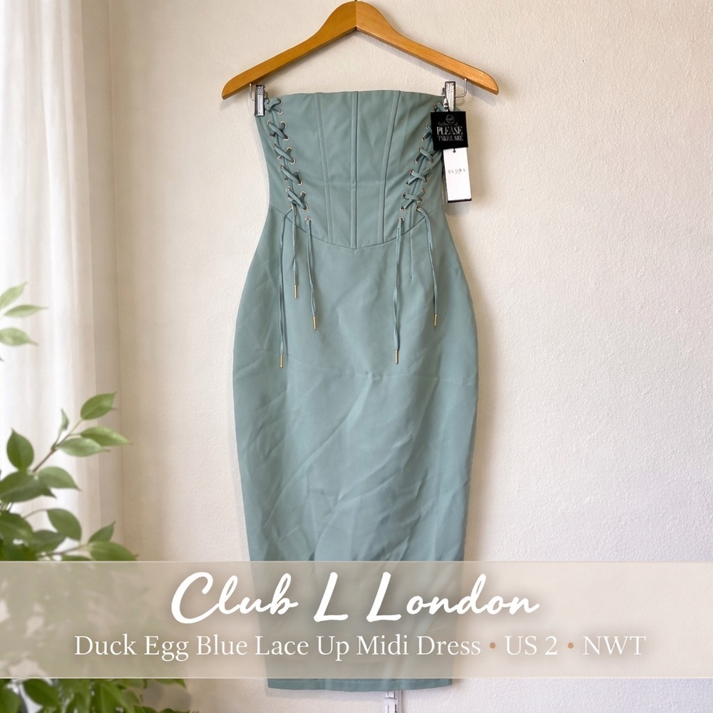 Club L London Daily Dose Duck Egg Blue Lace Up Bandeau Midi Dress US 2 NWT